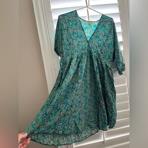 Natural Life Stella Turquoise Floral V-Neck mini Dress Coverup with pockets NWOT